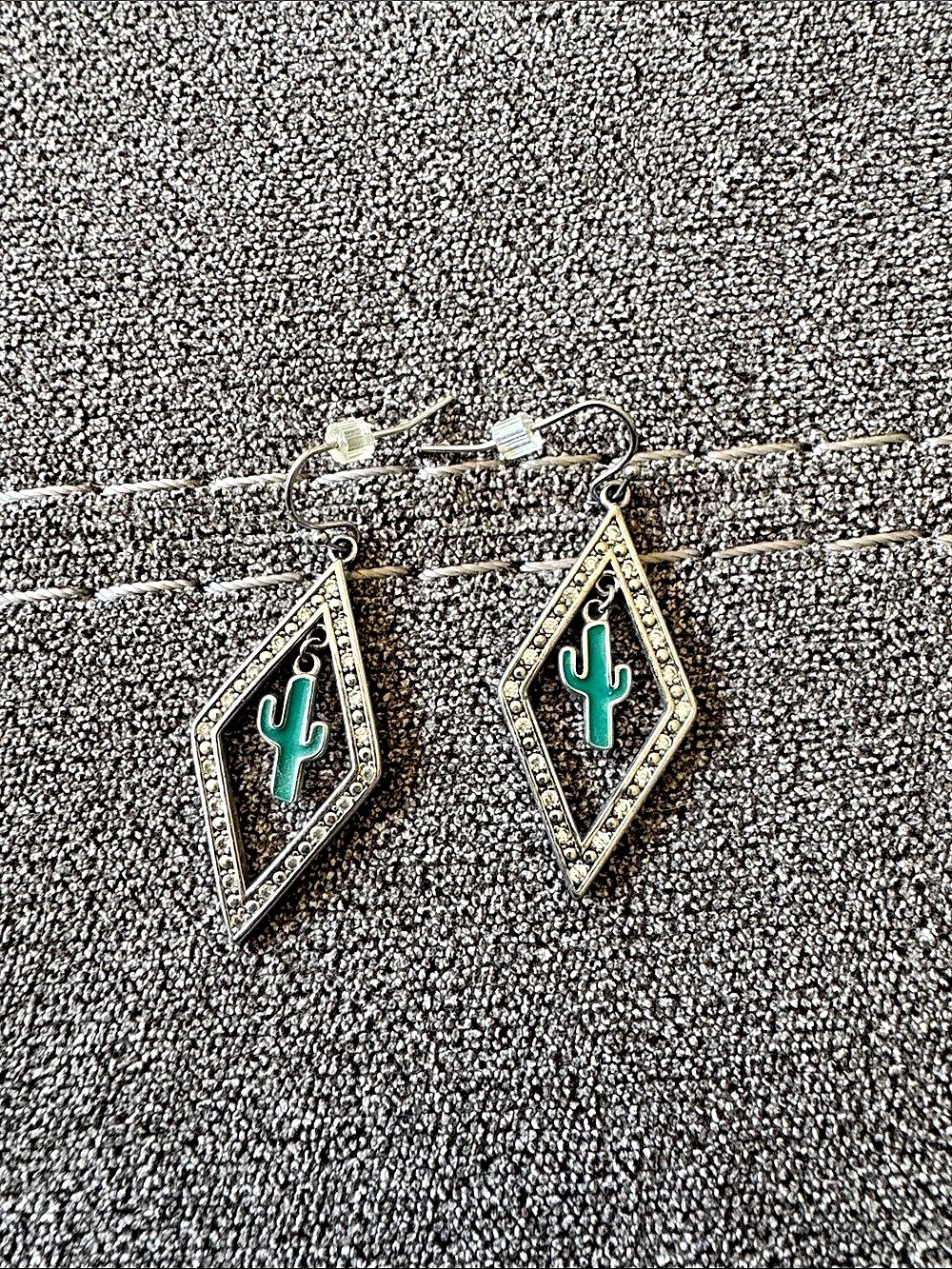Cactus Drop Earrings in Silver & Green